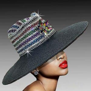Meticulously Crafted Fabulous Black Jeweled Multicolor Wide Brim Couture Hat
